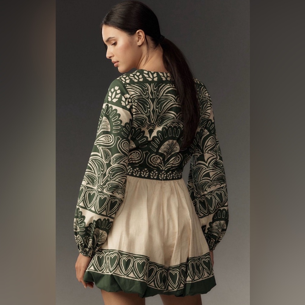 FARM Rio Long-Sleeve V-Neck Printed Romper | Puff Sleeve | Back Zip | Tropical - Picture 4 of 7